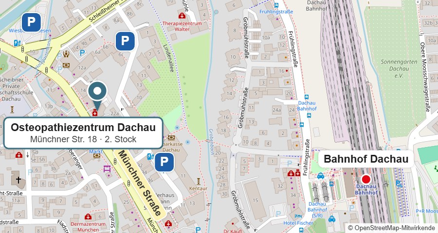Anfahrtskarte: Osteopathiezentrum Dachau, Münchner Straße 18, 2. Stock – mit Parkplätzen in der Nähe und Bahnhof Dachau